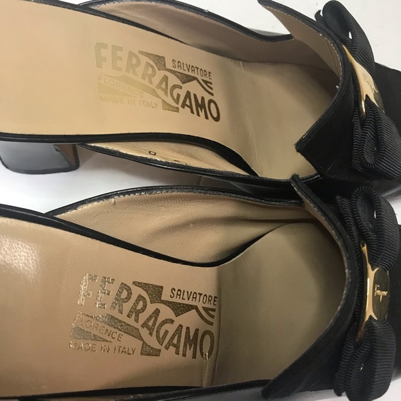 Salvatore Ferragamo Leather Mules Slides Vera Bow Heels Italy Black Gold logo - Picture 8 of 16